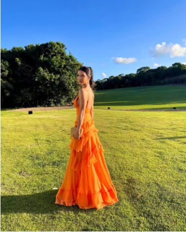 A Line Orange Long Prom Dresses V Neck Formal Dress Outfits