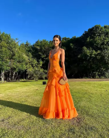 A Line Orange Long Prom Dresses V Neck Formal Dress Outfits