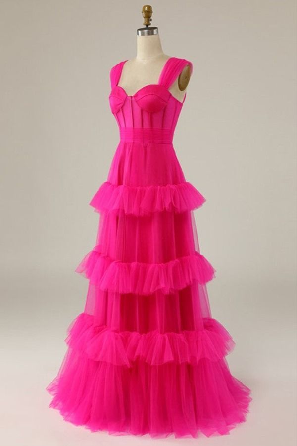 Hot Pink Sweetheart Multi Layers Tulle Prom Dresses Formal Dresses