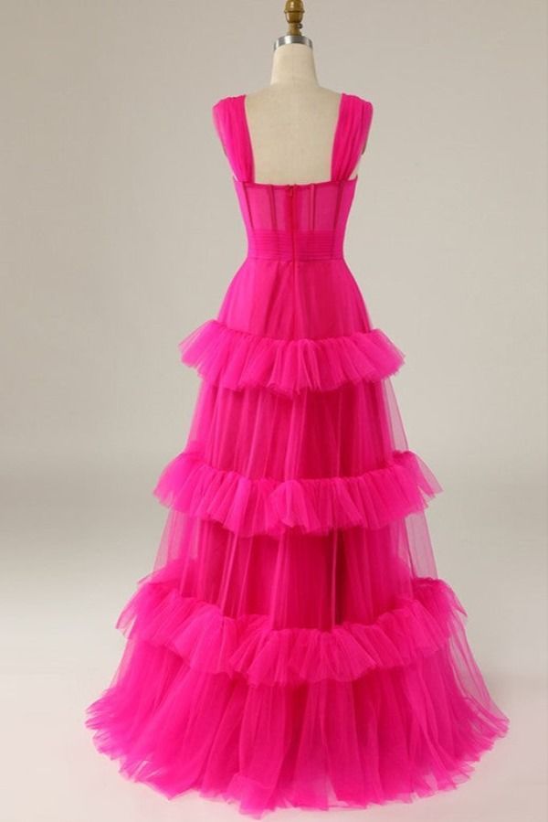 Hot Pink Sweetheart Multi Layers Tulle Prom Dresses Formal Dresses