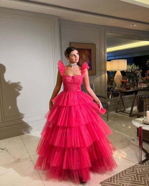 Hot Pink Tulle A-line Straps Long Evening Prom Dresses