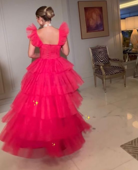 Hot Pink Tulle A-line Straps Long Evening Prom Dresses
