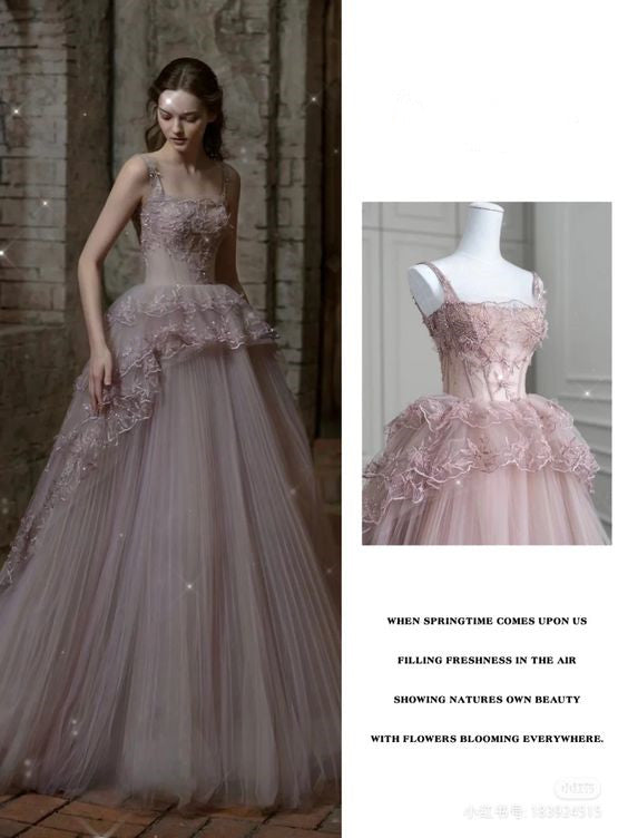 Fairy Ball Gown Straps Pink Tulle Prom Dresses Long Party Dress