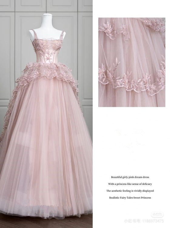 Fairy Ball Gown Straps Pink Tulle Prom Dresses Long Party Dress