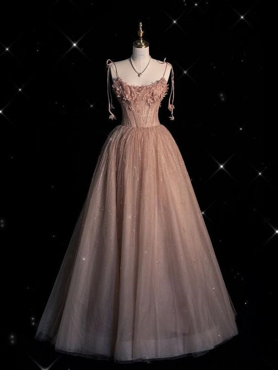 Fairy Ball Gown Straps Pink Tulle Prom Dresses Long Evening Dress