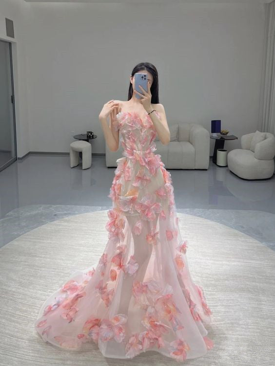 Fairy Ball Gown Strapless Pink Floral Prom Dresses Long Evening Dress