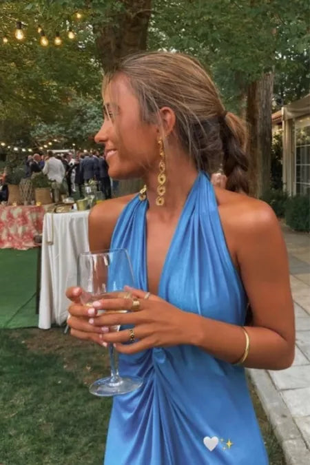 Simple Sheath Blue V Neckline Long Prom Dresses Evening Dress