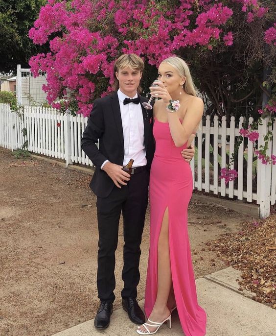 Sexy Sheath Straps Pink Slit Prom Dresses Evening Dress