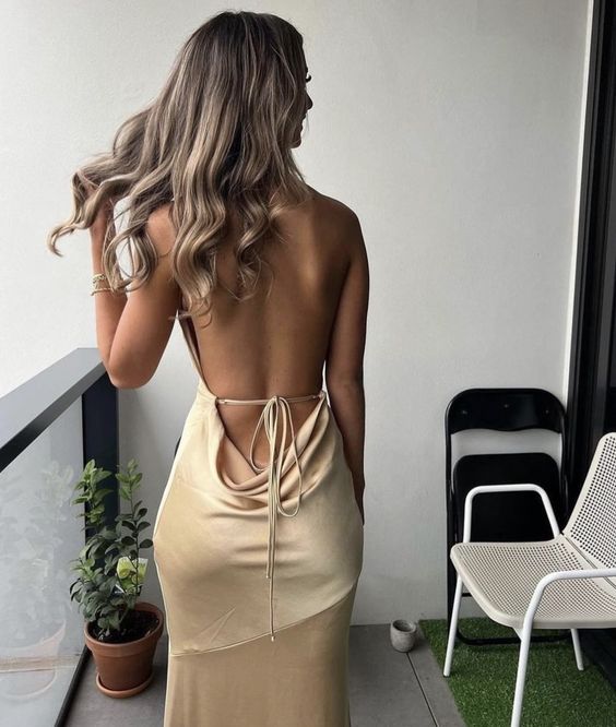 Sexy Sheath Straps Backless Champagne Prom Dresses Evening Dress