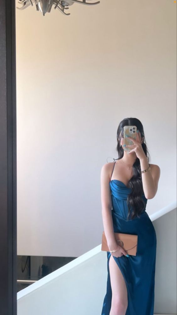 Sexy Sheath Straps Blue Slit Prom Dresses Evening Dress