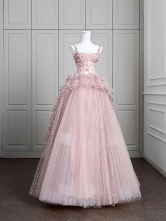 Princess Ball Gown Pink Tulle Prom Dresses Long Evening Dress