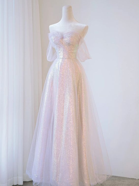 A line Off The Shoulder Tulle Pink Prom Dresses Evening Dress