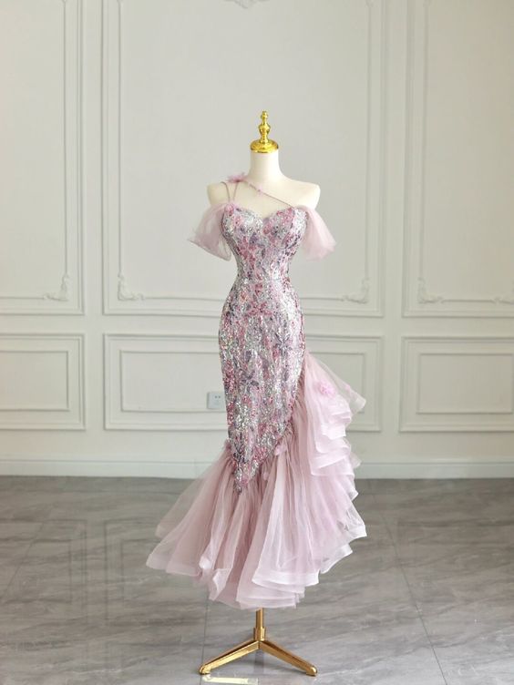 High Low Off The Shoulder Tulle Pink Tiered Prom Dresses Evening Dress