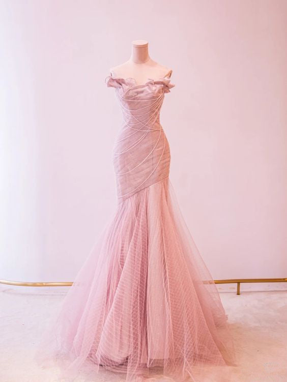 Fairy Mermaid Strapless Pink Prom Dresses Evening Dress