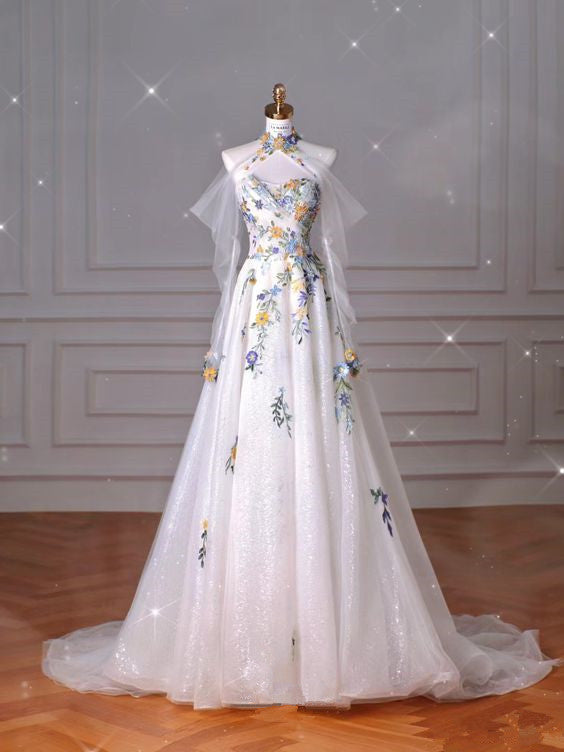 Fairy A line White Floral Prom Dresses Evening Dress