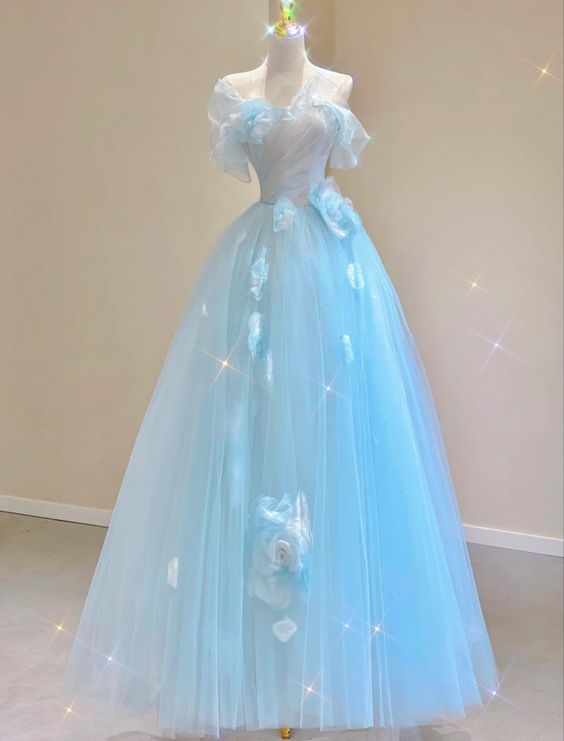 Fairy A line Blue Floral Prom Dresses Evening Dress