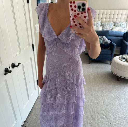 Lilac Lace Long prom Dress Party Dress 21th Birthday Outfits