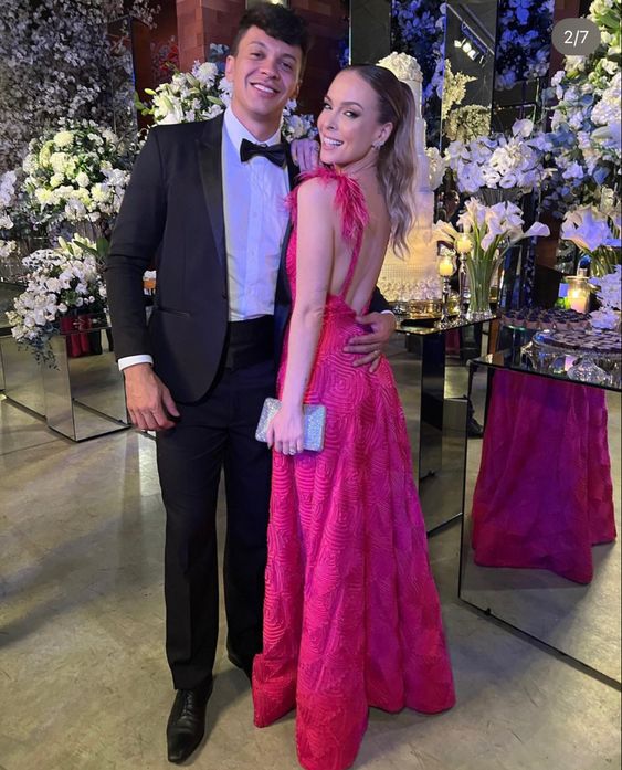 Sexy A line Long Hot Pink Lace Prom Dress Party Dress 22th Birthday Outfits