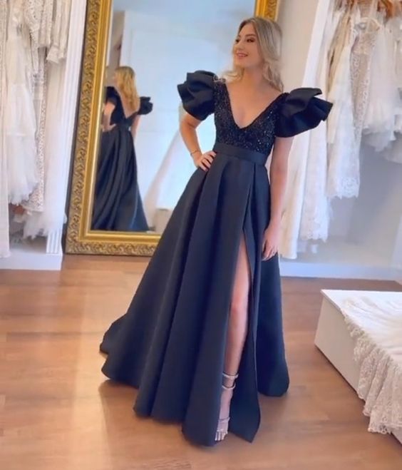 Sexy A line Long Navy Blue Prom Dress Party Dress 22th Birthday Outfits