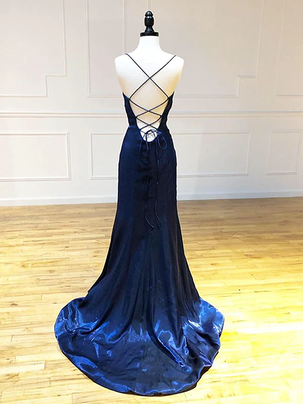 Backless Dark Navy Blue Long Prom Dresses Evening Dresses