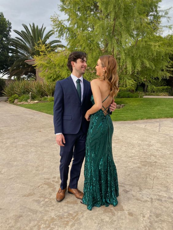 Mermaid Straps Green Sequin Long Prom Dresses Formal Dress