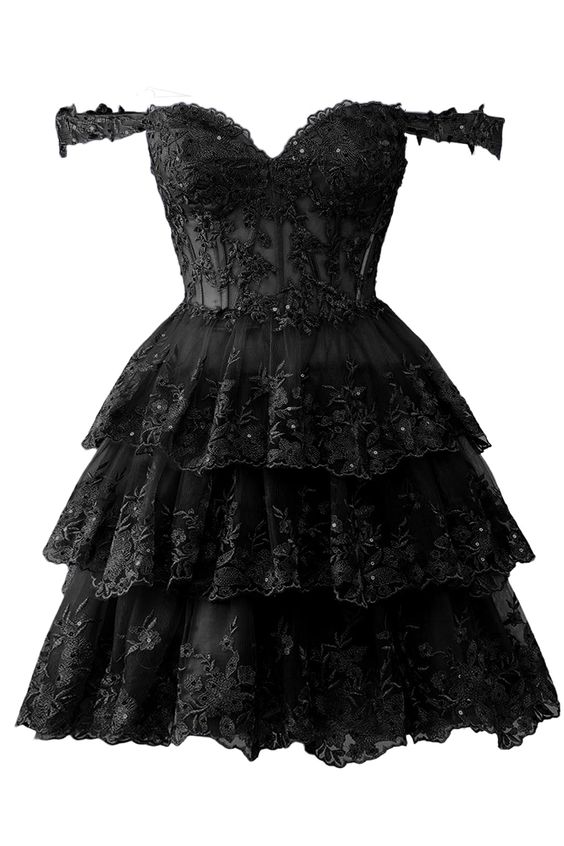 Off the Shoulder Sheer Corset Tiered Ruffles Black Homecoming Dress
