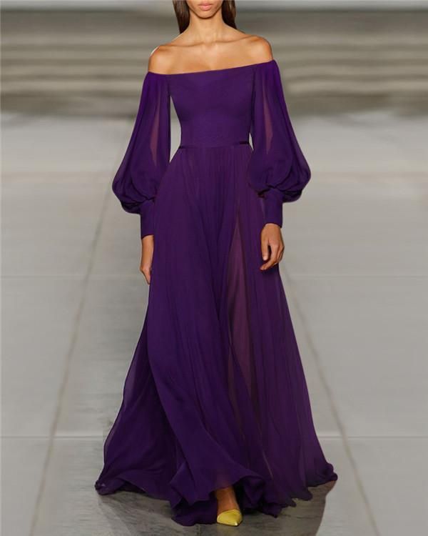 Pretty A Line Off The Shoulder Grape Chiffon Prom Dresses Long Evening Gowns