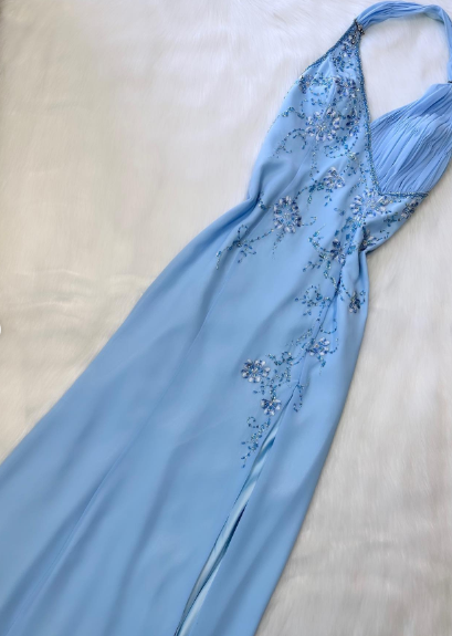 Pretty A Line Halter Blue Slit Chiffon Prom Dresses Long Evening Gowns