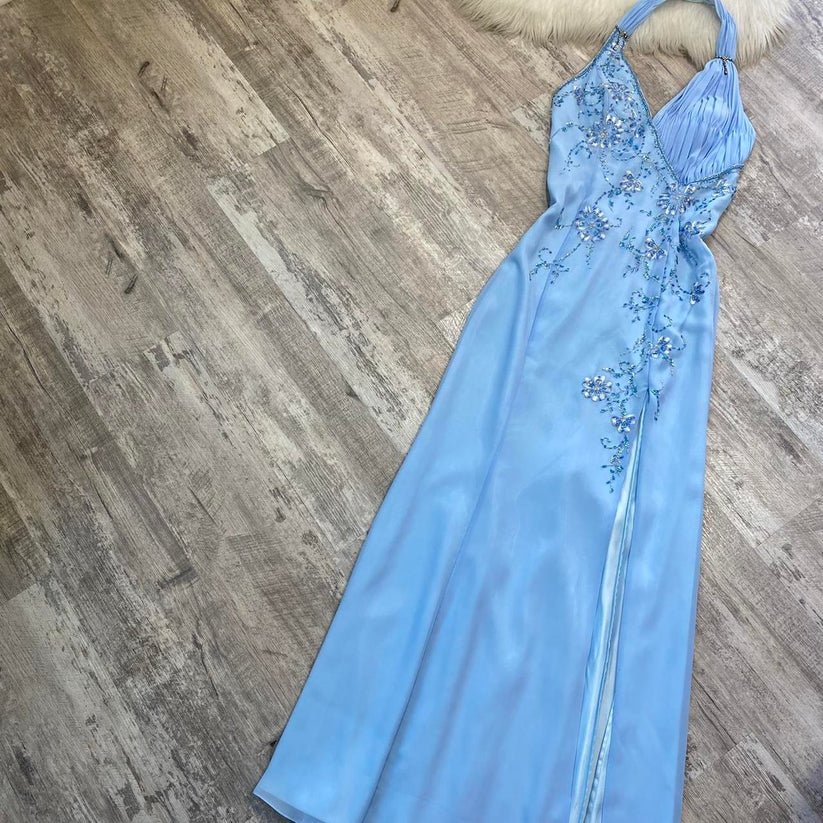 Pretty A Line Halter Blue Slit Chiffon Prom Dresses Long Evening Gowns