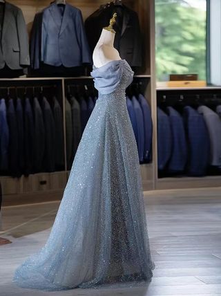 Modest Ball Gown Off The Shoulder Sequin Long Party Dress Gray Prom Dress