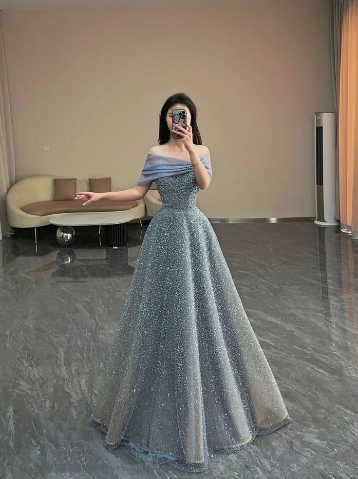 Modest Ball Gown Off The Shoulder Sequin Long Party Dress Gray Prom Dress