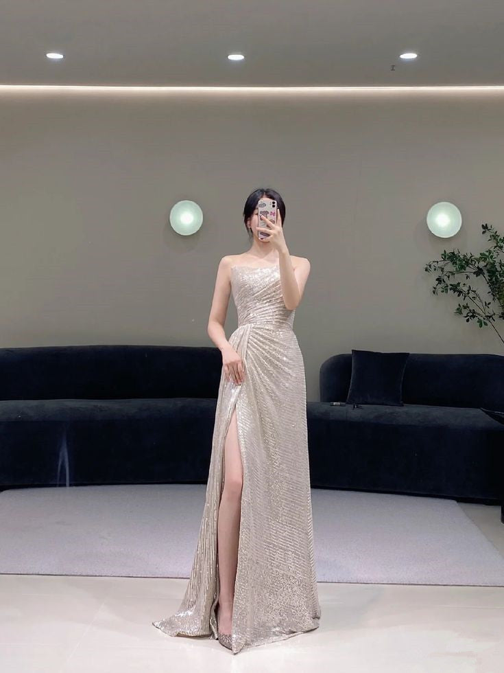 Pretty A Line Strapless Sequin Evening Dress Long Slit Prom Dresses