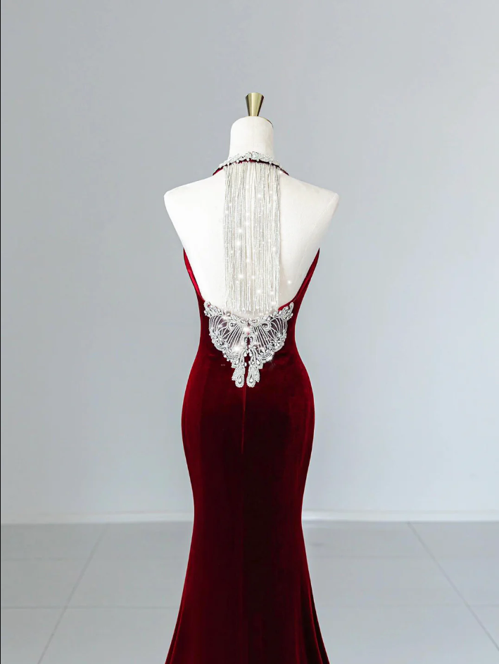 Modest Mermaid Scoop Neckline Burgundy Velvet Long Party Dress Prom Dress