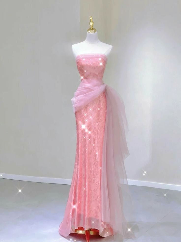 Modest Mermaid Strapless Pink Tulle Ruffles Long Party Dress Prom Dresses
