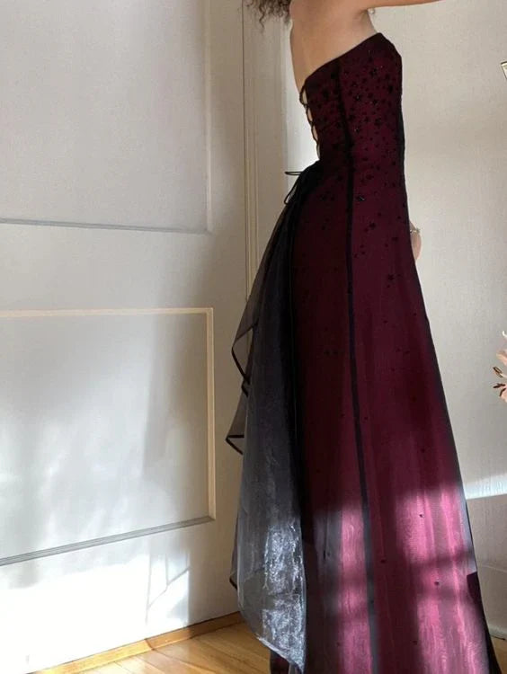 Modest A Line Strapless Burgundy Tulle Beads Long Party Dress Prom Dresses