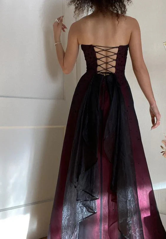Modest A Line Strapless Burgundy Tulle Beads Long Party Dress Prom Dresses