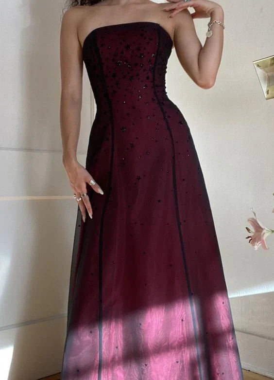 Modest A Line Strapless Burgundy Tulle Beads Long Party Dress Prom Dresses