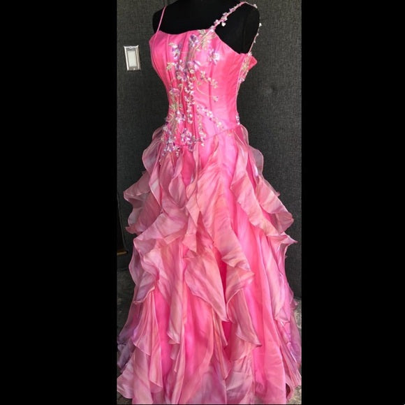 Chic Ball Gown Spaghetti Straps Pink Satin Evening Dress Long Prom Dresses With Embroidered
