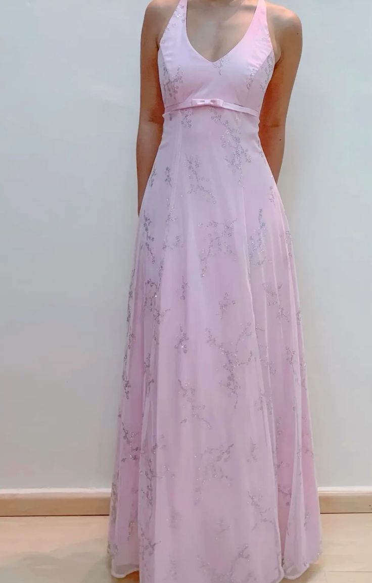 Chic A line V Neckline Pink Chiffon Evening Dress Long Prom Dresses