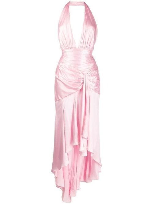 Modest High Low Halter Satin Long Evening Dress Party Dress Formal Dress Pink Prom Dresses