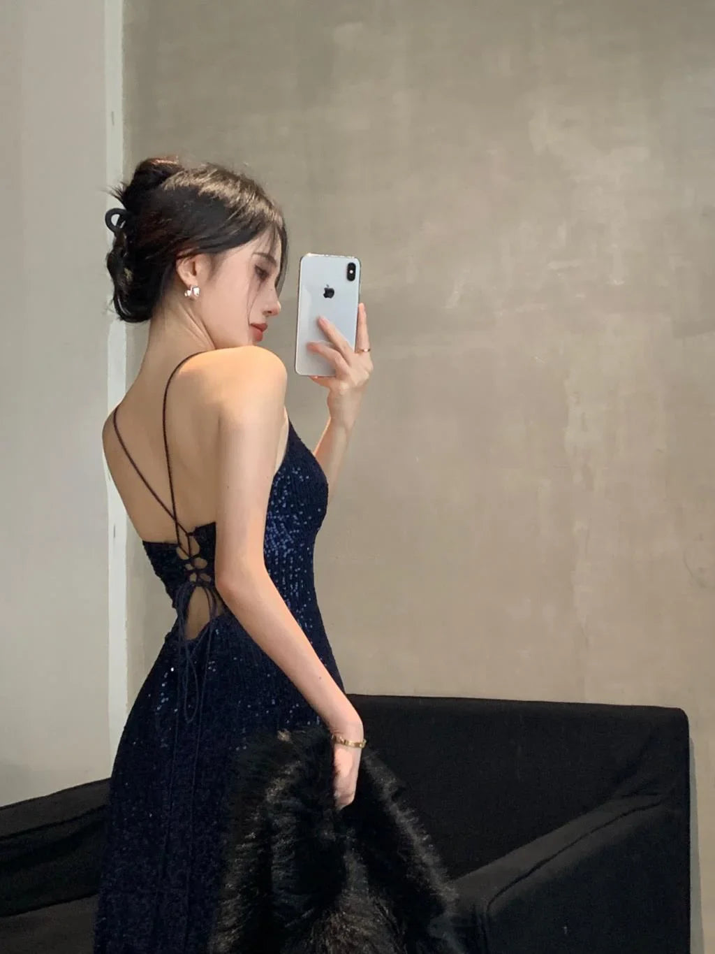 Sexy Sheath Spaghetti Straps Navy Blue Sequin Floor Length Evening Dress Sequin Prom Dresses