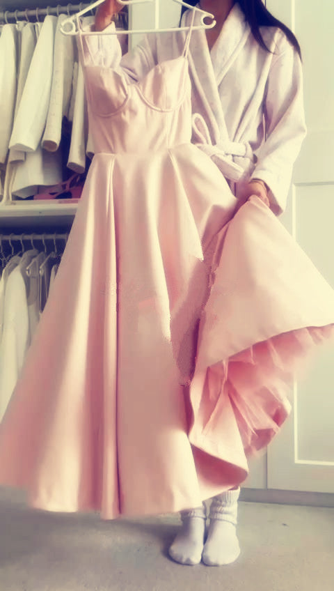 A line Spaghetti Straps Pink Satin Evening Dress Party Dress Prom Dress