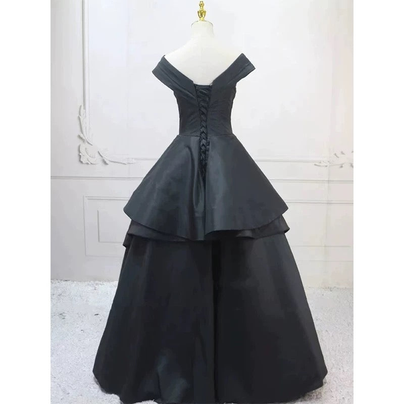 Pretty Ball Gown Off The Shoulder Black Satin Prom Dresses Evening Dress