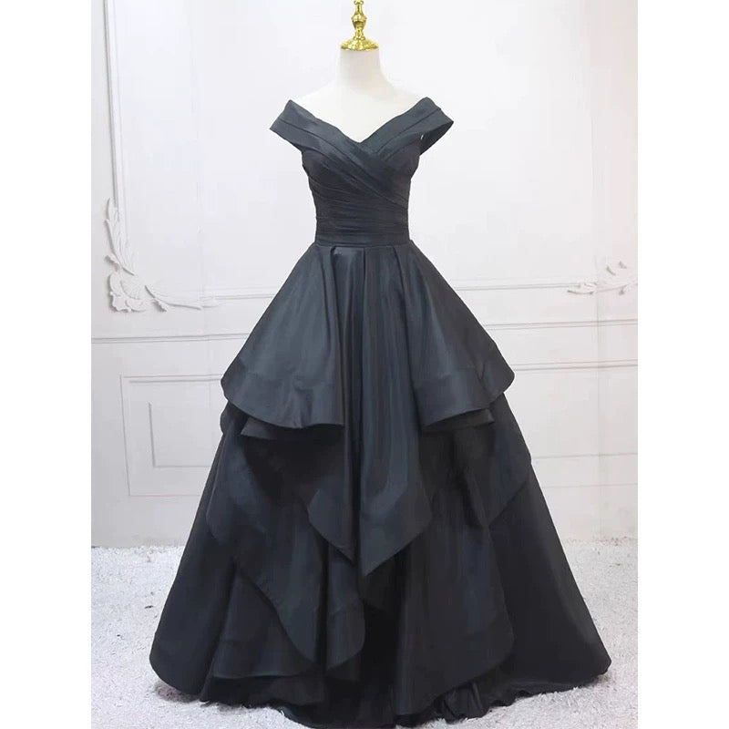 Pretty Ball Gown Off The Shoulder Black Satin Prom Dresses Evening Dress