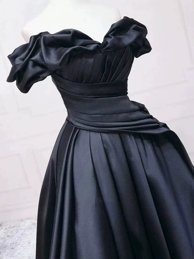 Pretty Ball Gown Off The Shoulder Black Satin Prom Dresses Evening Dress With Pleated