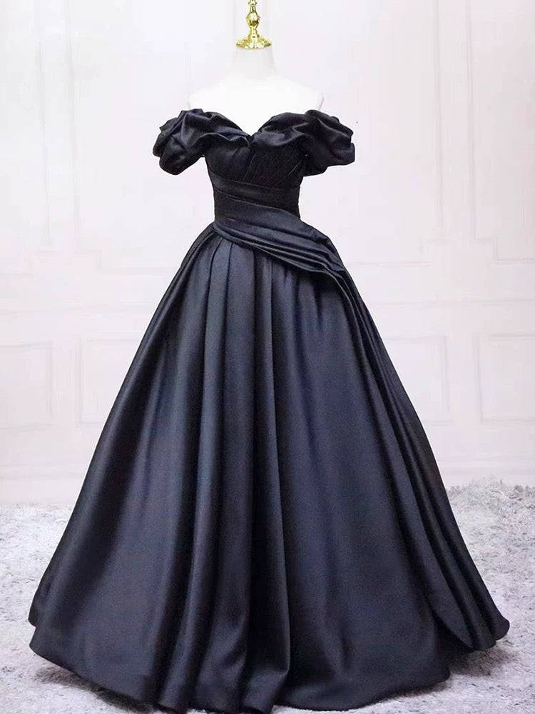 Pretty Ball Gown Off The Shoulder Black Satin Prom Dresses Evening Dress With Pleated