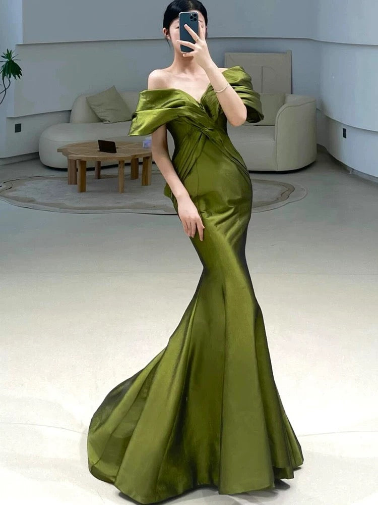 Sexy Mermaid Off The Shoulder Olive Green Satin Long Formal Dress Prom Dresses