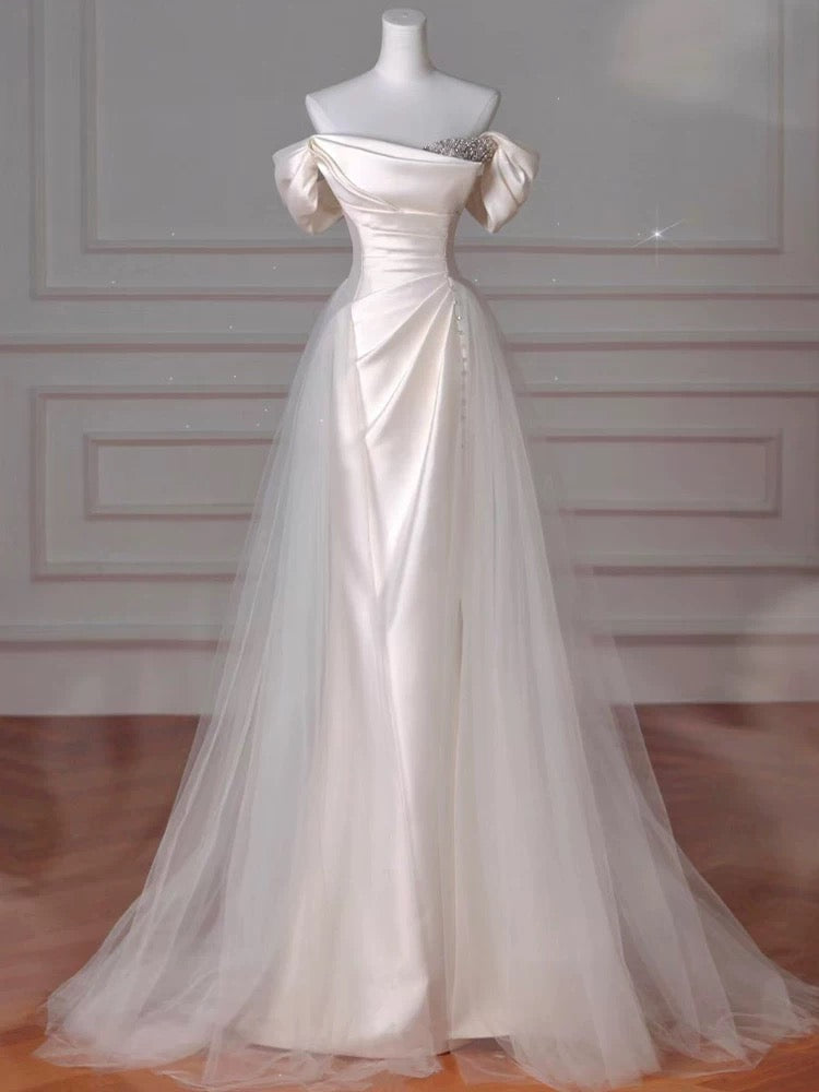 Vintage Sheath Off The Shoulder Satin Long Prom Dresses Party Evening Dress