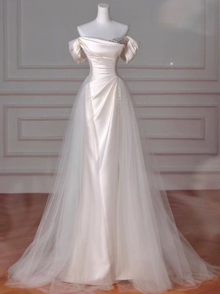 Vintage Sheath Off The Shoulder Satin Long Prom Dresses Party Evening Dress