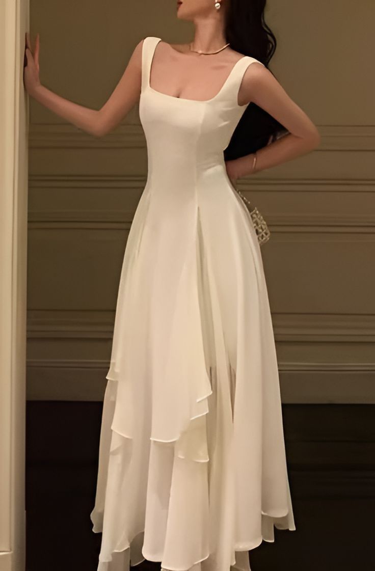 Vintage A line Square Neckline White Ruffles Chiffon Long Prom Dress Formal Dresses